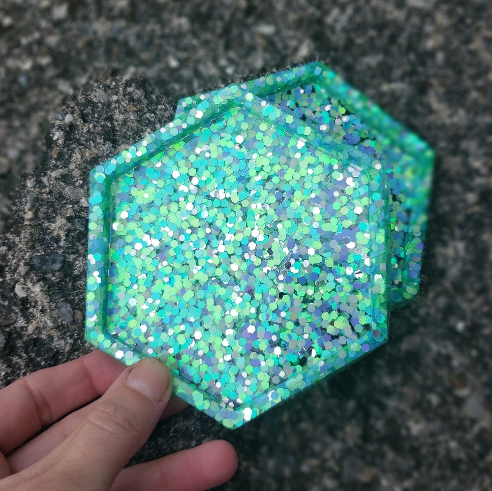 Mint green sparkly coasters